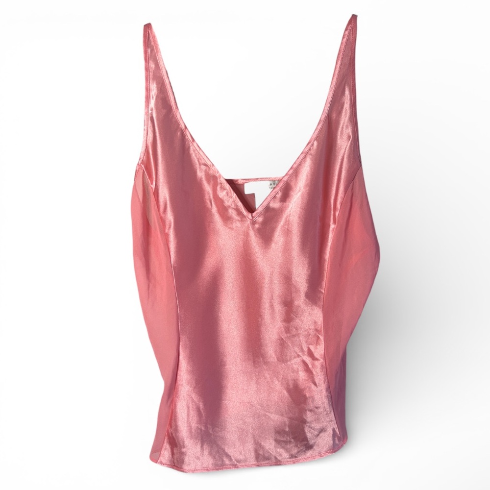 Y2K MORGAN TAYLOR Pink Satin Sheer Plunge V Neck Cami Top Coquette Ballet Size M